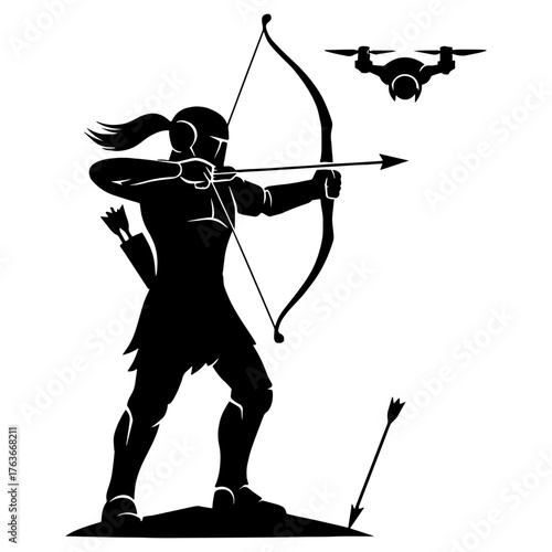 Archer aiming at floating drone – modern warfare parody vector with white background 