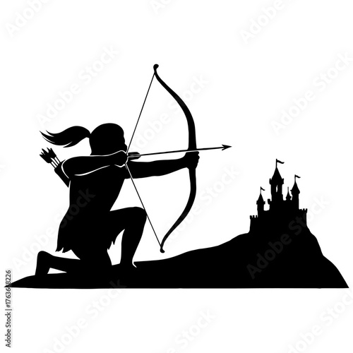 Archer aiming toward distant castle – medieval siege concept vector with white background 