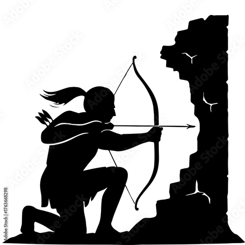 Archer crouching behind ruined wall - silent hunt  vector with white background 