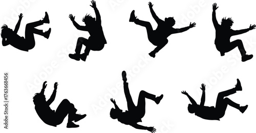 Falling, silhouette, people, tumbling, posture, gesture, motion, disorientation, gravity, dynamic, movement, vector, black, white, design, illustration, template, concept, action, impact