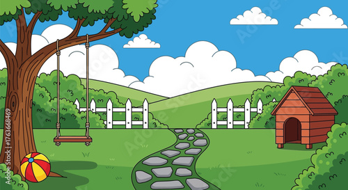Cartoon backyard scene with tree swing and doghouse illustration editable