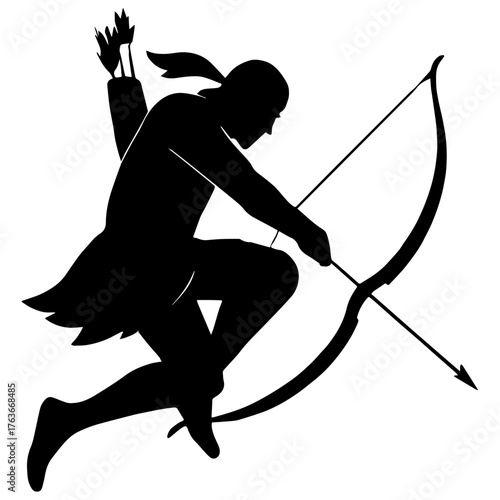 Archer silhouette mid-air shooting arrow downward – action moment  vector with white background 