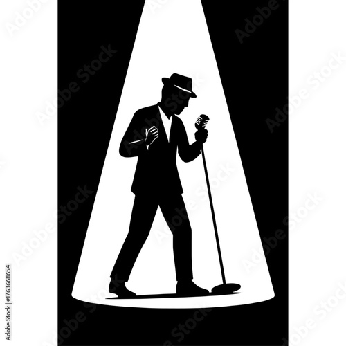 Jazz singer with hat silhouette performing in spotlight – classy concert design vector with white background 