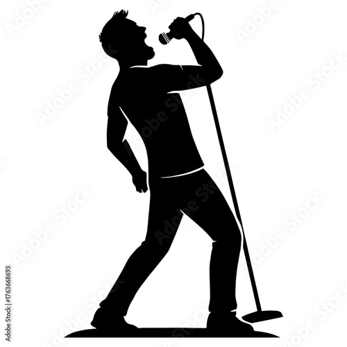 Male vocalist silhouette screaming into mic – rock performance vector with white background 