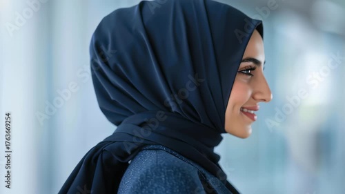 Confident woman in dark hijab and professional blazer smiles warmly, radiating positivity and warmth in modern office portrait, showcasing her approachable demeanor and professional style