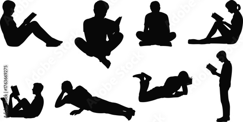 Reading, silhouette, people, posture, gesture, sitting, lying, standing, book, casual, relaxed, vector, black, white, design, illustration, template, concept, interaction, comfort
