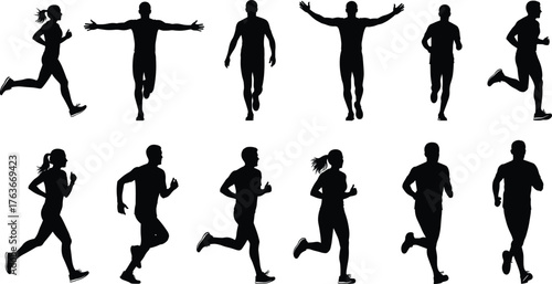 Running, silhouette, people, posture, gesture, athletic, motion, stride, jogging, exercise, fitness, vector, black, white, design, illustration, template, concept, movement, dynamic