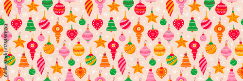 Seamless pattern with Christmas decorations, toys, snowflakes. Winter background perfect for use in textiles, wallpapers and festive vector print
