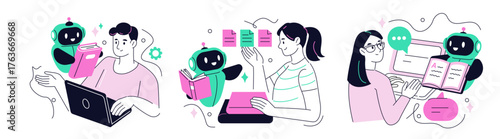 Characters teaching Ai robot assistant from data. Large language model training, neural network, machine learning concept collection. Doodle vector illustration set.