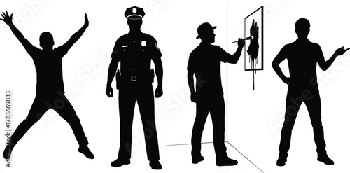 Silhouette, people, indoor, posture, gesture, police, artist, emotion, communication, standing, painting, surprise, vector, black, white, design, illustration, template, concept, role