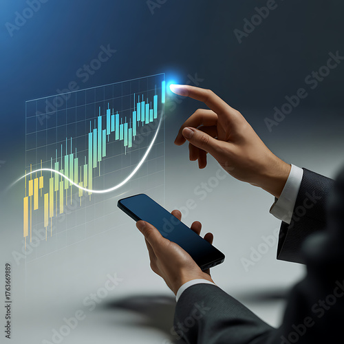 Analyzing stock market trends on a smartphone with interactive graph, showcasing financial growth and investment strategies in the digital age, on blue background