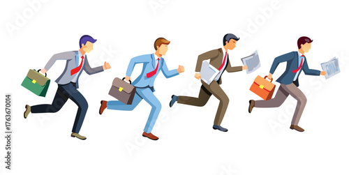 Business people running with their bags and documents. Vector illustration set of running business people.

