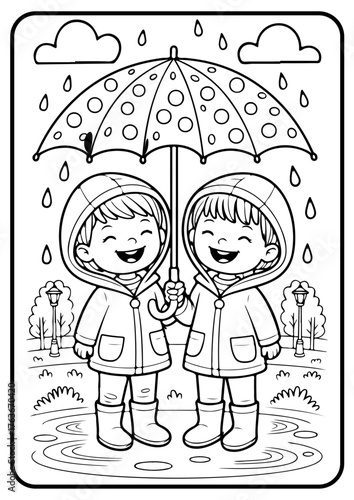 Happy Kids Under Umbrella Vector Illustration – Cute Rainy Day Line Art for Children’s Coloring Book and Education Design