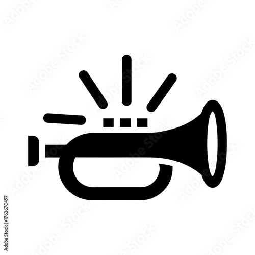 Black Trumpet Instrument Icon with Sound Waves on White Background