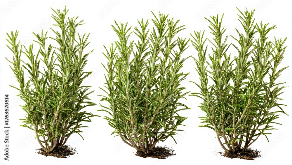 Fototapeta premium Three lush green rosemary plants on a for culinary and aromatic uses
