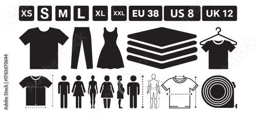 Vector icons of clothing sizes and measurements including shirt, dress, pants, body types, tape measure, and size labels XS to XXL. Perfect for fashion design, tailoring, and e-commerce.