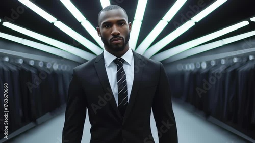 Confident man in stylish black suit showcases modern elegance indoors, surrounded by illuminated lines and formal attire, creating powerful atmosphere of sophistication and fashion