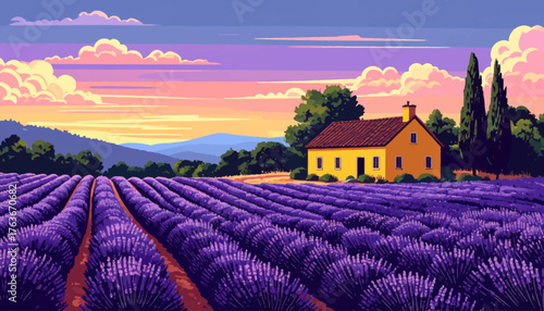 Summer rural landscape with houses, lavender fields, trees, meadows and hills in the background. Handmade doodle drawing vector illustration. Can be used to make books, banners, posters, etc
