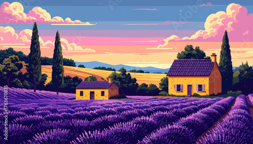 Summer rural landscape with houses, lavender fields, trees, meadows and hills in the background. Handmade doodle drawing vector illustration. Can be used to make books, banners, posters, etc
