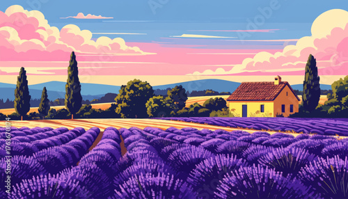 Summer rural landscape with houses, lavender fields, trees, meadows and hills in the background. Handmade doodle drawing vector illustration. Can be used to make books, banners, posters, etc
