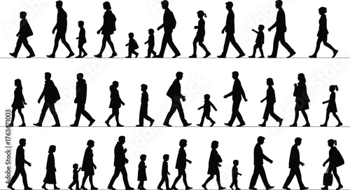Walking, silhouette, people, adults, children, posture, gesture, stride, movement, diversity, age, vector, black, white, design, illustration, template, concept, motion, everyday