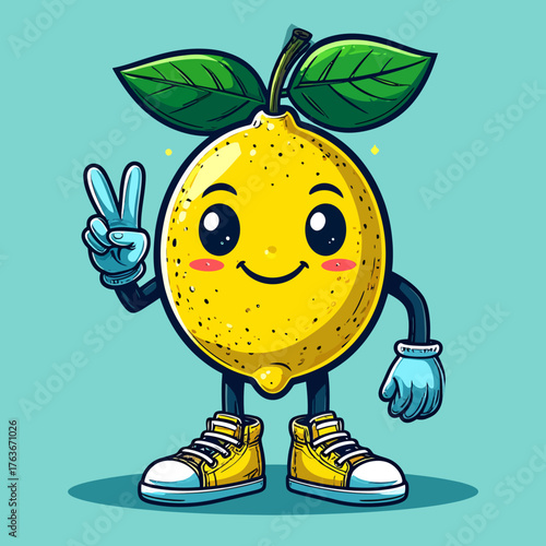 Cute lemon cartoon character in retro vintage style. Colorful and cheerful mascot vector illustration