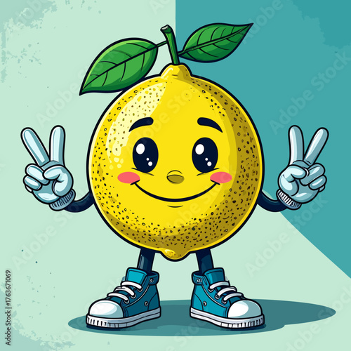 Cute lemon cartoon character in retro vintage style. Colorful and cheerful mascot vector illustration