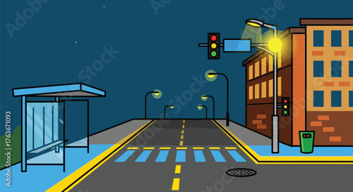 Cartoon street scene at night with bus stop and traffic lights editable