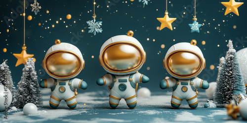 Modern Christmas background with golden astronauts, stars, snowflakes and Christmas trees, cute 3D futuristic festive design symbolizing Christmas and New Year celebration
