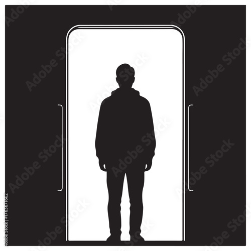 Silhouette figure standing in open doorway graphic vector illustration
