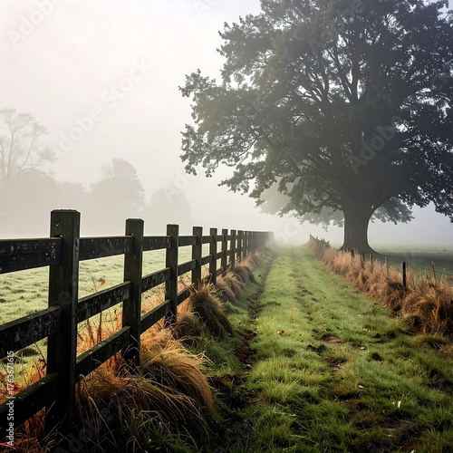 A misty morning scene featuring a wooden fence and a path