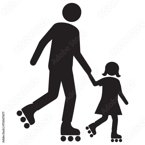 Black Silhouette Icon of Adult and Child Roller Skating Together