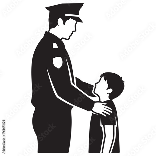 Black and White Vector Illustration of Police Officer and Child Interaction