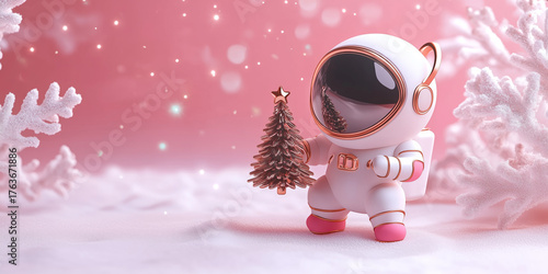 Cute little astronaut and Christmas tree in snow on a pink background. Festive Christmas and New Year background for greeting card and invitation design, copy space