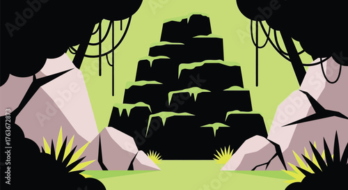 Vector jungle landscape background with rocks and vegetation editable