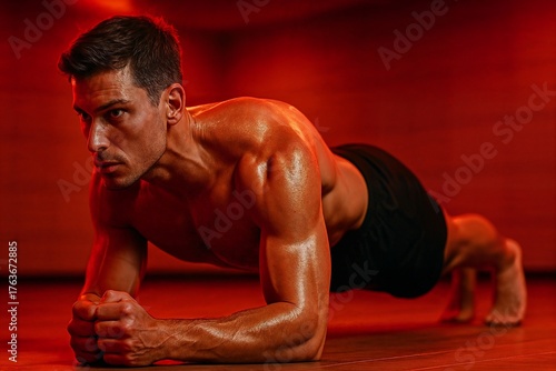 An athletic man does a plank exercise in a modern gym with infrared light. Sweating, muscle recovery, and detox concept. Perfect for a fitness trend website banner or wellness article