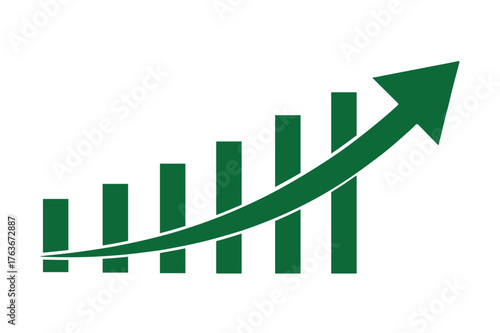 Green upward trending graph with bars depicting growth and positive results