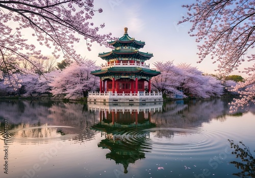 Beautiful chinese pagoda temple with ornate red architecture reflecting in calm lake water surrounded by blooming cherry blossoms creating stunning spring landscape with perfect symmetry
