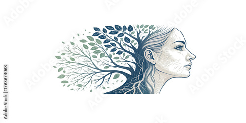 Print   Surreal human face merging with nature, half face, half tree branches, leaves & roots, fine line detailed vector, artistic.