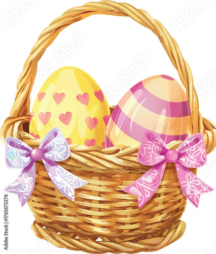 a cute easter basket with three pastel-colored eggs, each adorned with pink bows and heart-shaped accents. the egg on the left is yellow, while the one