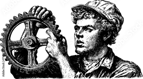 Antique engravings of a worker manipulating gears. This hand-drawn vector illustration depicts mechanical tools in a historical context.