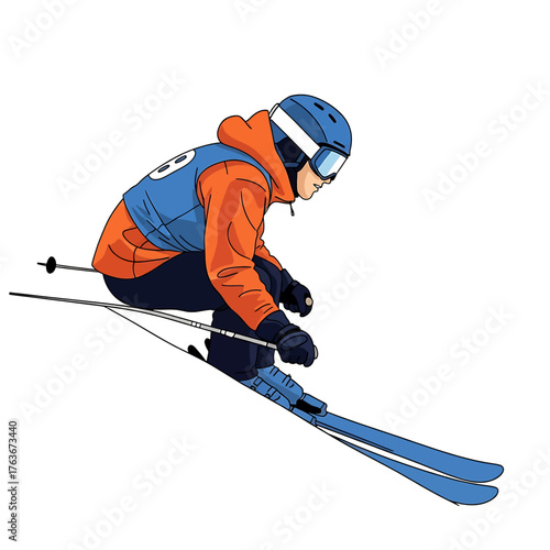 Skier Performing a Jump and Aerial Maneuver Isolated on White Background
