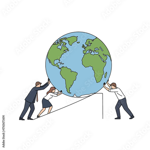 Business people collaborating to push a giant globe uphill