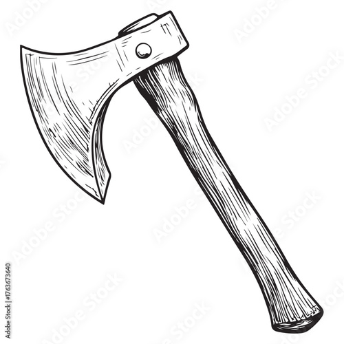 Vintage double-headed axe with rustic wooden handle displayed against a neutral background 
