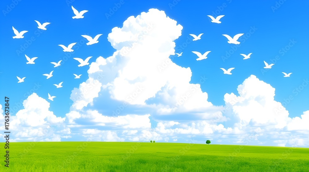 Fototapeta premium Idyllic green field under a clear blue sky with fluffy white clouds and a flock of birds soaring to represent hope and tranquility