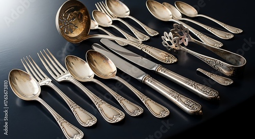 Vintage sterling silver flatware collection with ornate details.