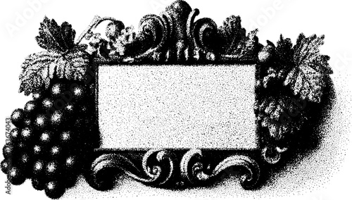 Engraved antique frame illustration featuring grapes and leaves. Detailed black outline with vintage decorative elements, ideal for a vector design set.