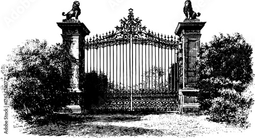 Ornate iron gate with lion statues and decorative pillars. Black and white vintage engraving vector illustration with trees and garden.