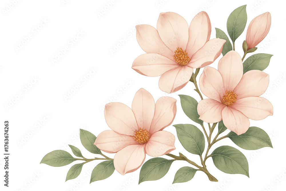 Fototapeta premium Pink magnolia flowers blooming on branch, delicate floral design, watercolor illustration with transparent background