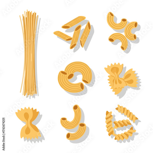 A collection of various uncooked pasta shapes, including spaghetti, penne, farfalle, and fusilli, arranged on a white background.